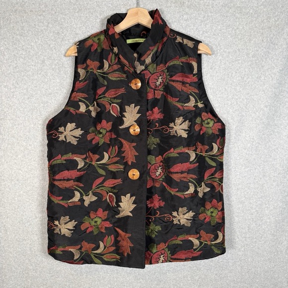 Lagenlook Jackets & Blazers - Jacques Rus Vest Womens XL Black Embroidered Floral Lagenlook Art To Wear